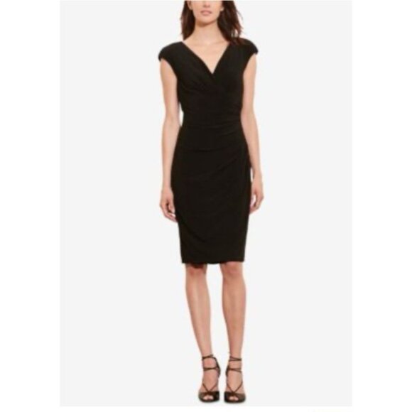 Ralph Lauren Dress Black 16 V Neck Stretch Washable Career Church Cap Sleeve - Picture 1 of 12